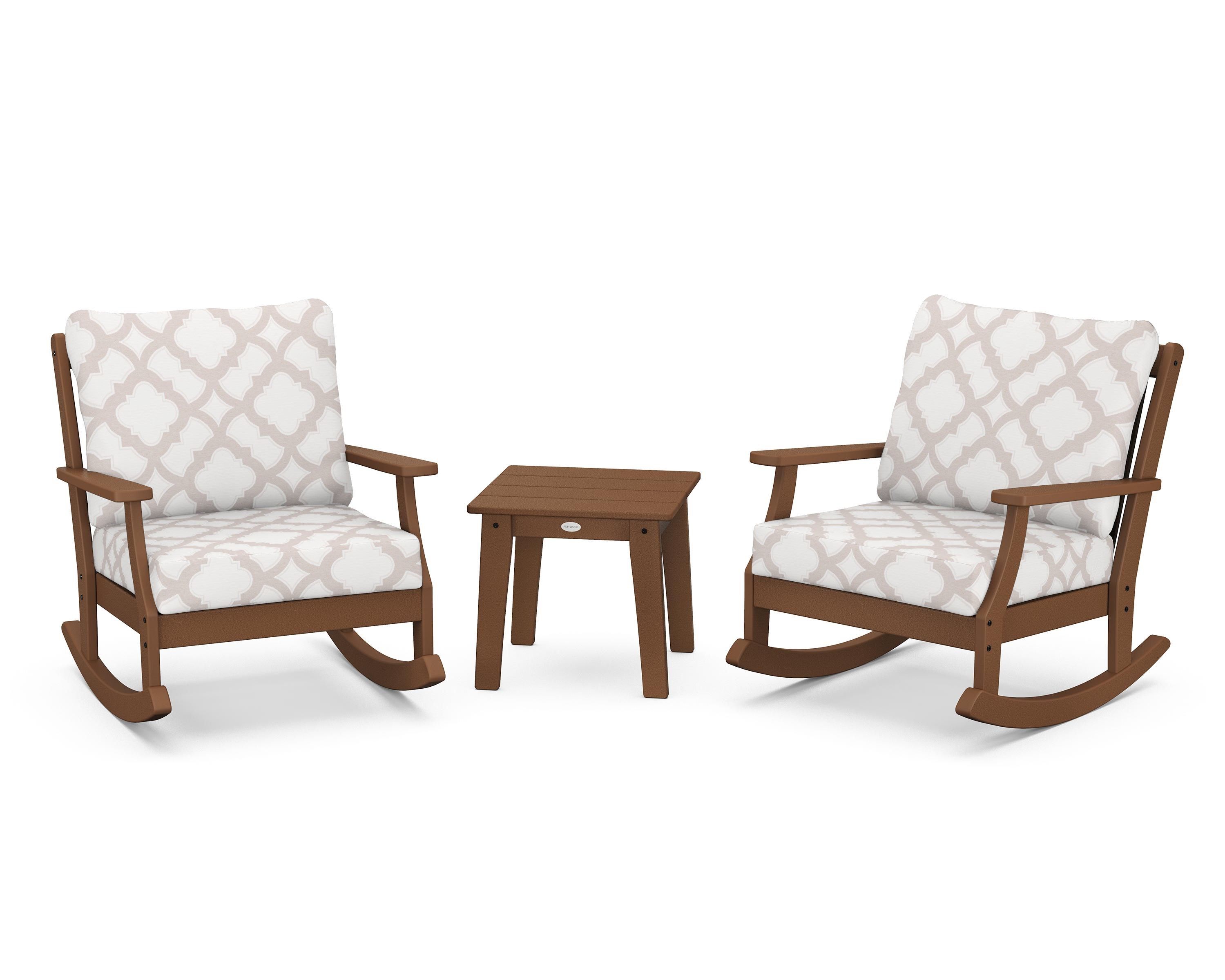 POLYWOOD® Braxton 3-Piece Deep Seating Rocker Set in Teak / Trellis Dune Burlap