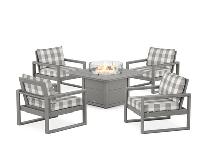 POLYWOOD® EDGE Sectional 5-Piece Deep Seating Set with Fire Pit Table in Slate Grey / Buffalo Plaid Grey Mist