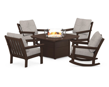 POLYWOOD® Vineyard 5-Piece Deep Seating Rocking Chair Conversation Set with Fire Pit Table in Mahogany / Weathered Tweed
