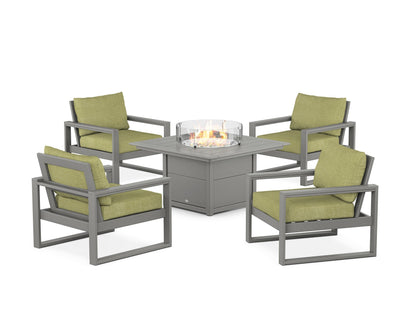 POLYWOOD® EDGE Sectional 5-Piece Deep Seating Set with Fire Pit Table in Slate Grey / Chartreuse Boucle