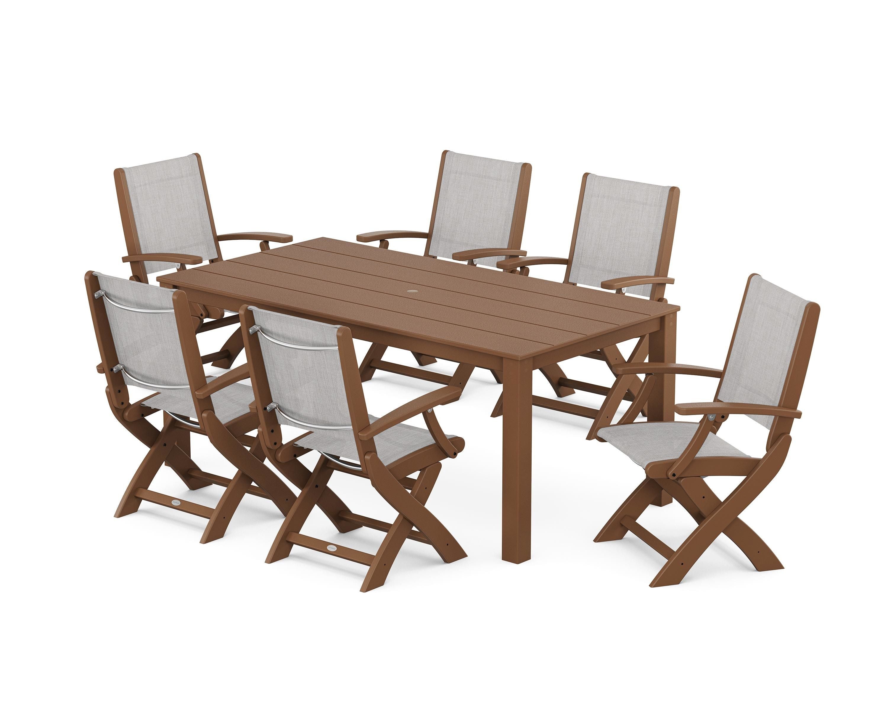POLYWOOD® Coastal Folding Chair 7-Piece Parsons Dining Set in Teak / Parchment Sling