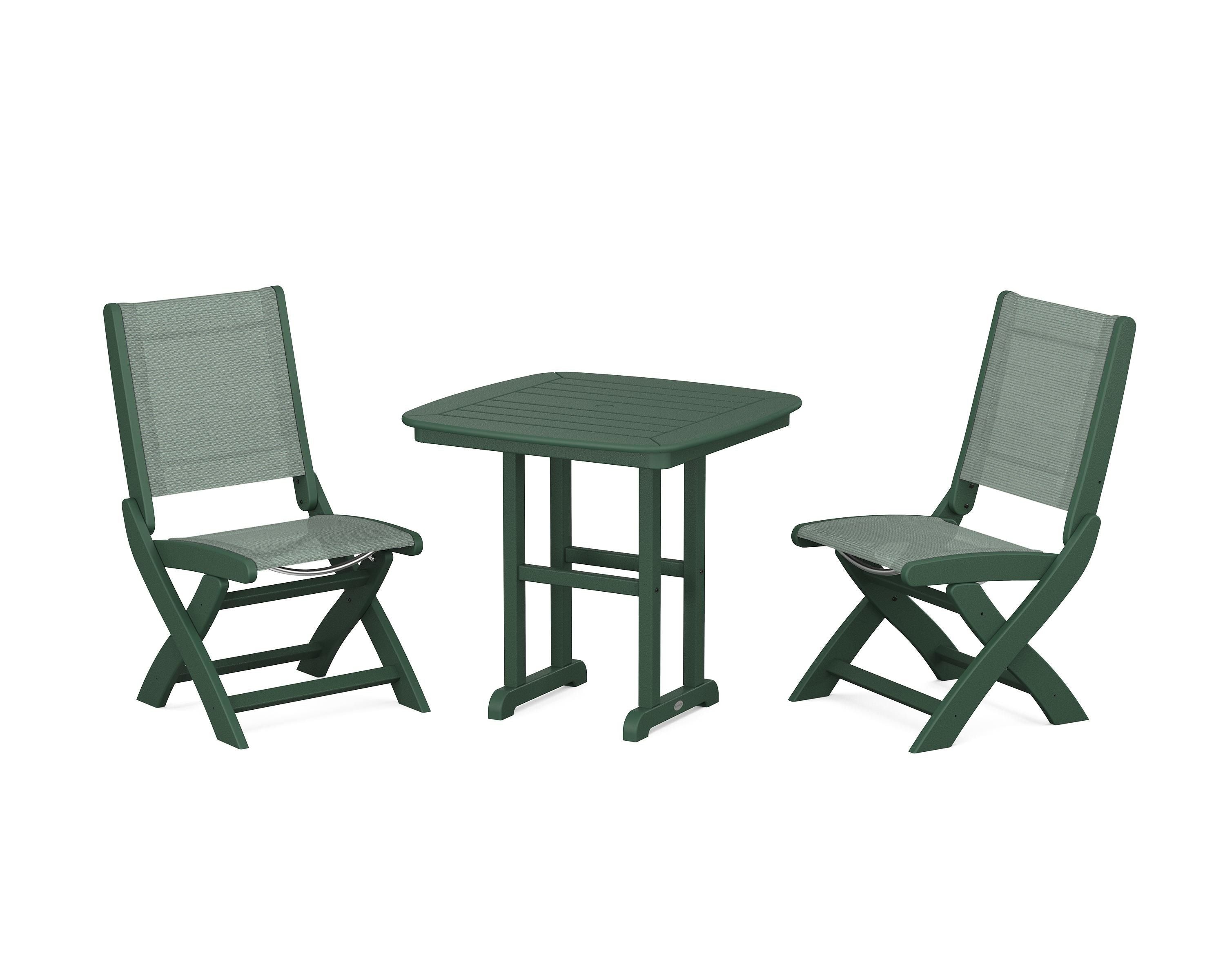 POLYWOOD® Coastal Folding Side Chair 3-Piece Dining Set in Green / Dupioni Sea Mist Sling