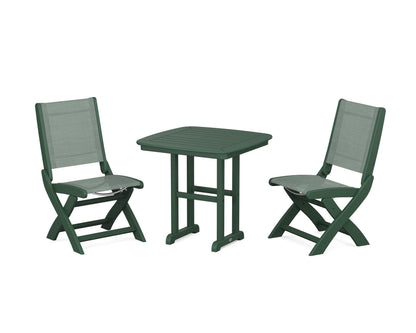 POLYWOOD® Coastal Folding Side Chair 3-Piece Dining Set in Green / Dupioni Sea Mist Sling
