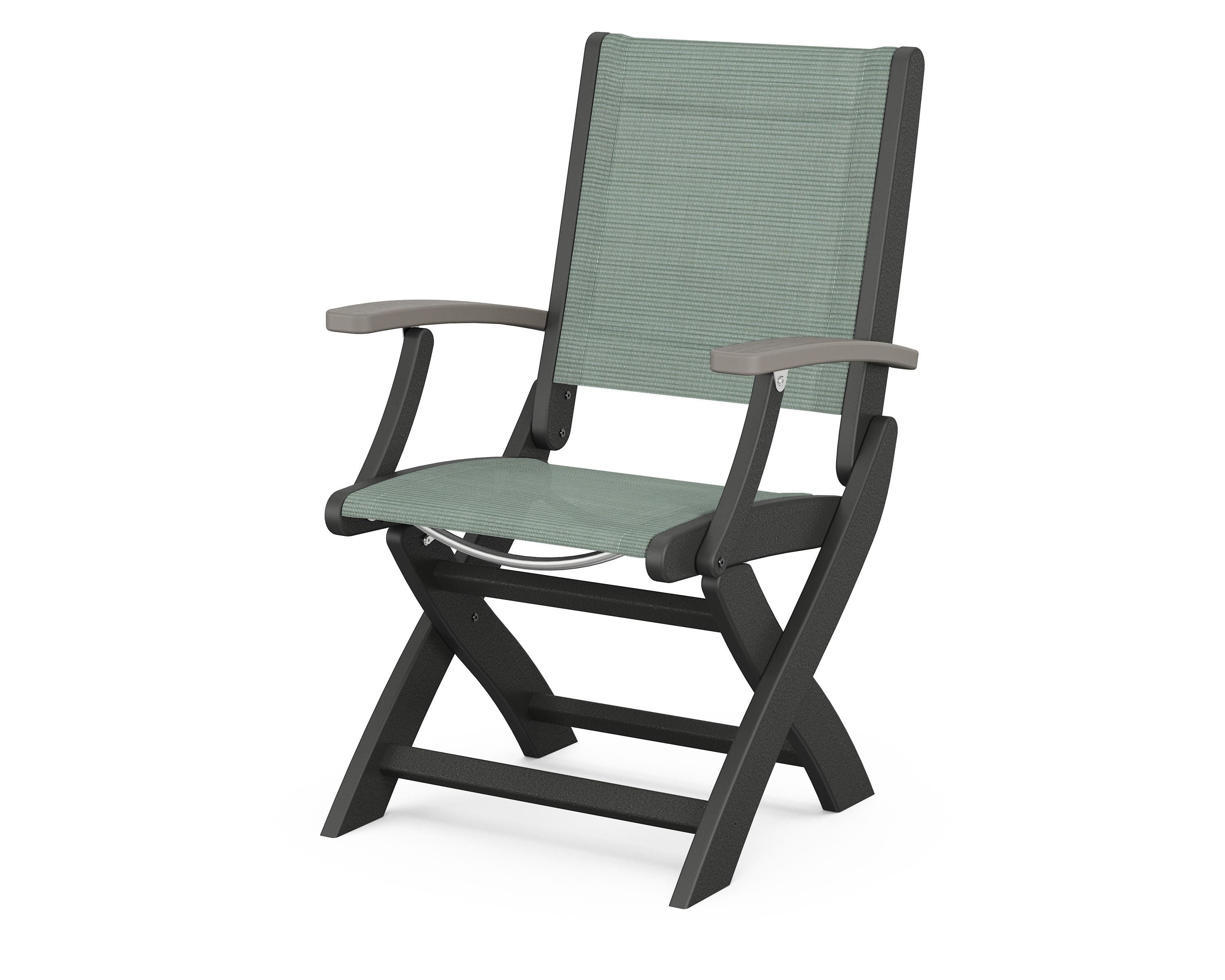 POLYWOOD® Coastal Folding Chair in Black / Driftwood / Dupioni Sea Mist Sling