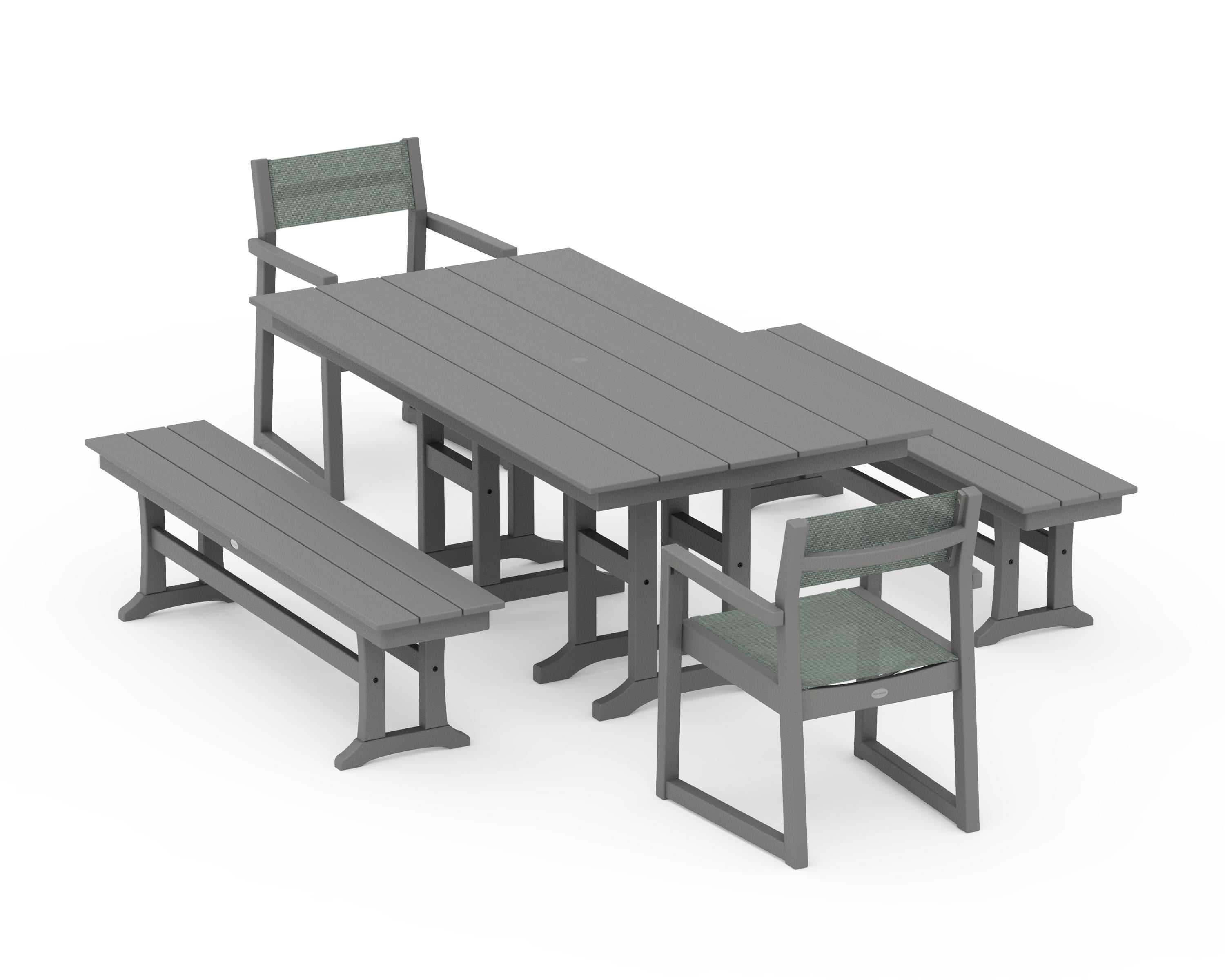 POLYWOOD® EDGE Sling Arm Chair 5-Piece Farmhouse Dining Set with Benches in Slate Grey / Dupioni Sea Mist Sling