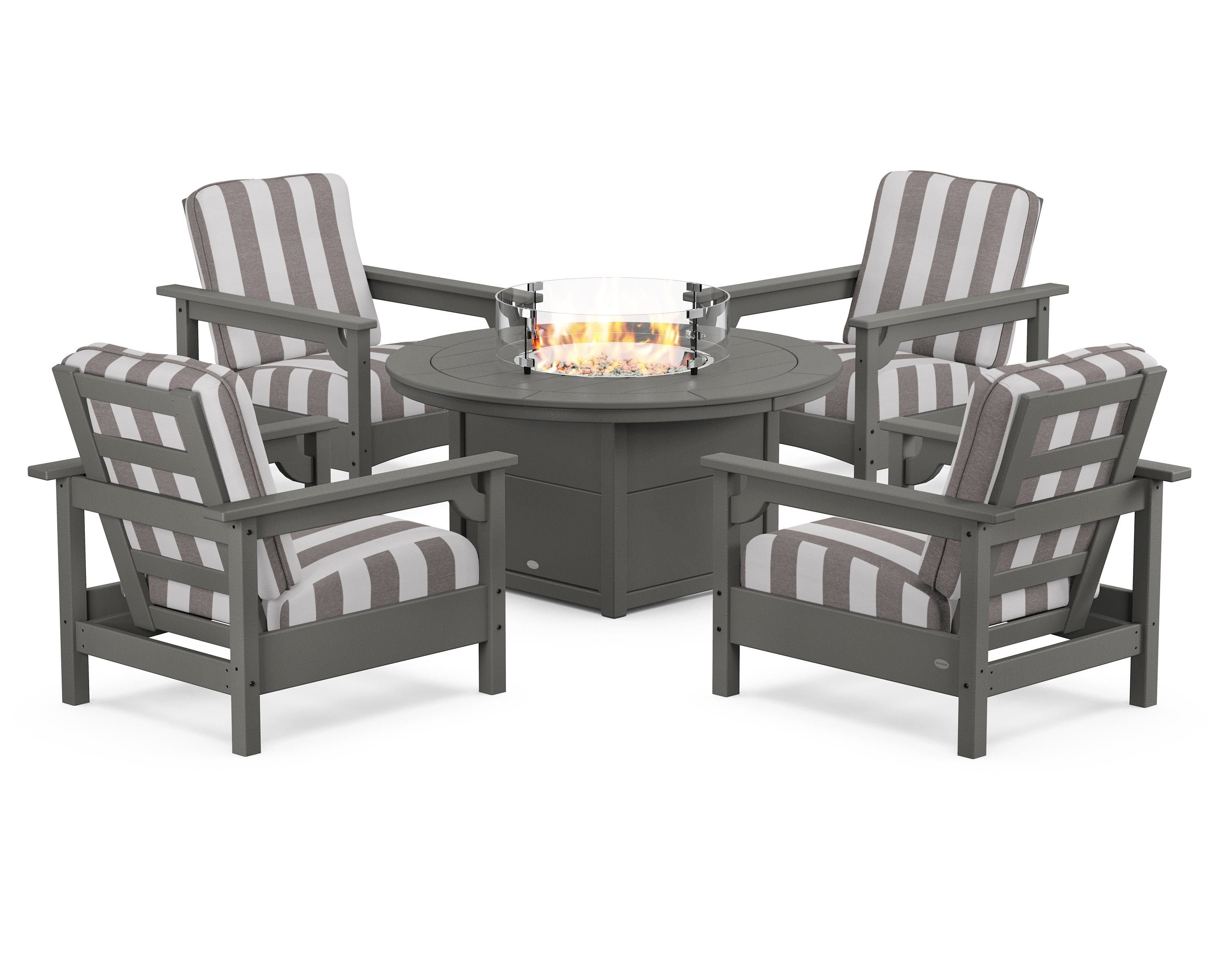 POLYWOOD® Club 5-Piece Conversation Set with Fire Pit Table in Slate Grey / Cabana Stripe Grey Mist