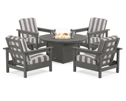 POLYWOOD® Club 5-Piece Conversation Set with Fire Pit Table in Slate Grey / Cabana Stripe Grey Mist