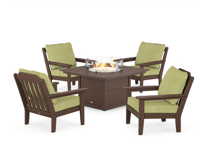 Country Living Cottage 5-Piece Deep Seating Set with Fire Pit Table in Mahogany / Chartreuse Boucle