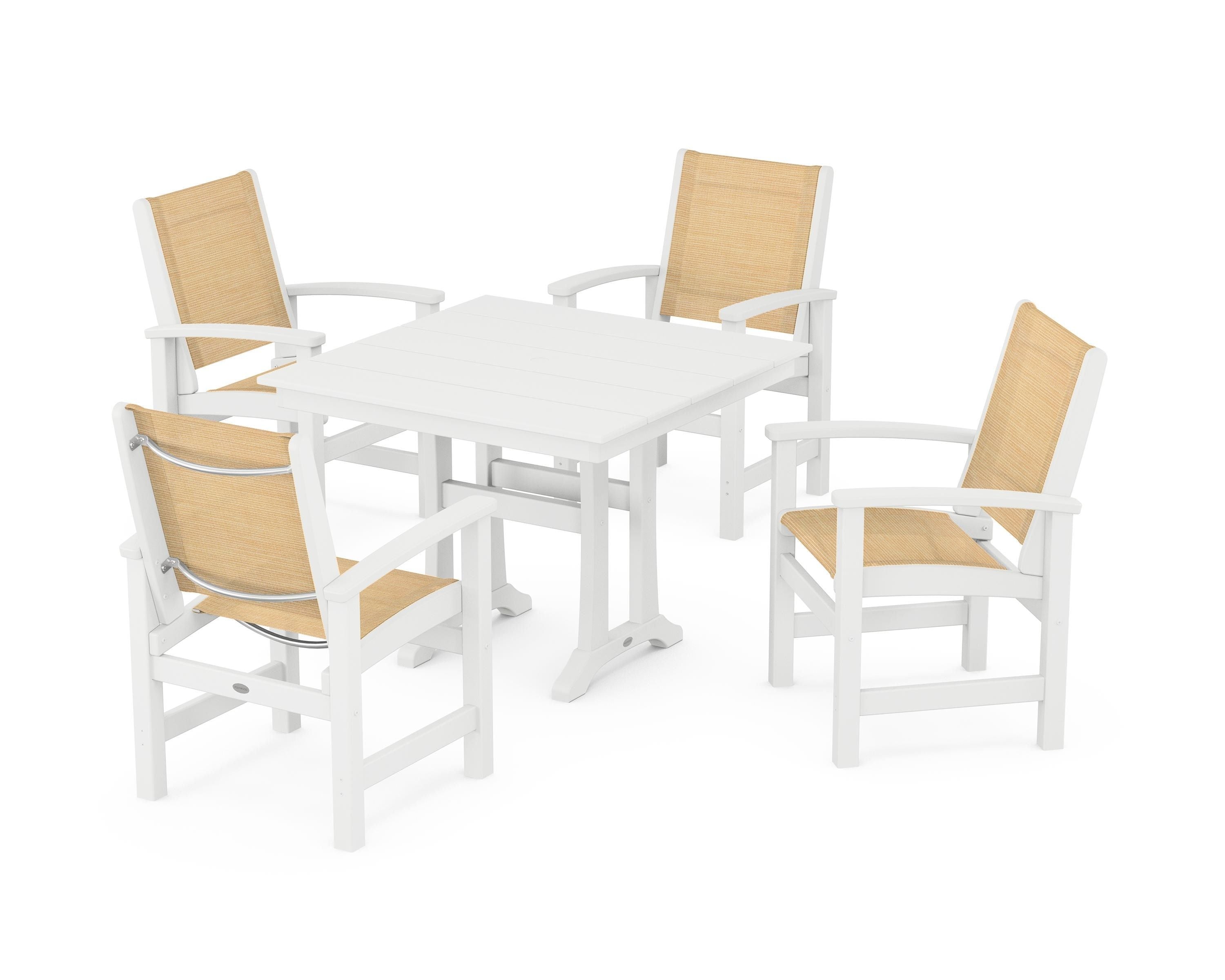 POLYWOOD® Coastal 5-Piece Farmhouse Dining Set With Trestle Legs in White / Dupioni Apricot Sling