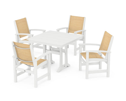 POLYWOOD® Coastal 5-Piece Farmhouse Dining Set With Trestle Legs in White / Dupioni Apricot Sling