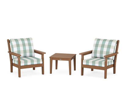 POLYWOOD® Chippendale 3-Piece Deep Seating Set in Teak / Buffalo Plaid Glacier Spa