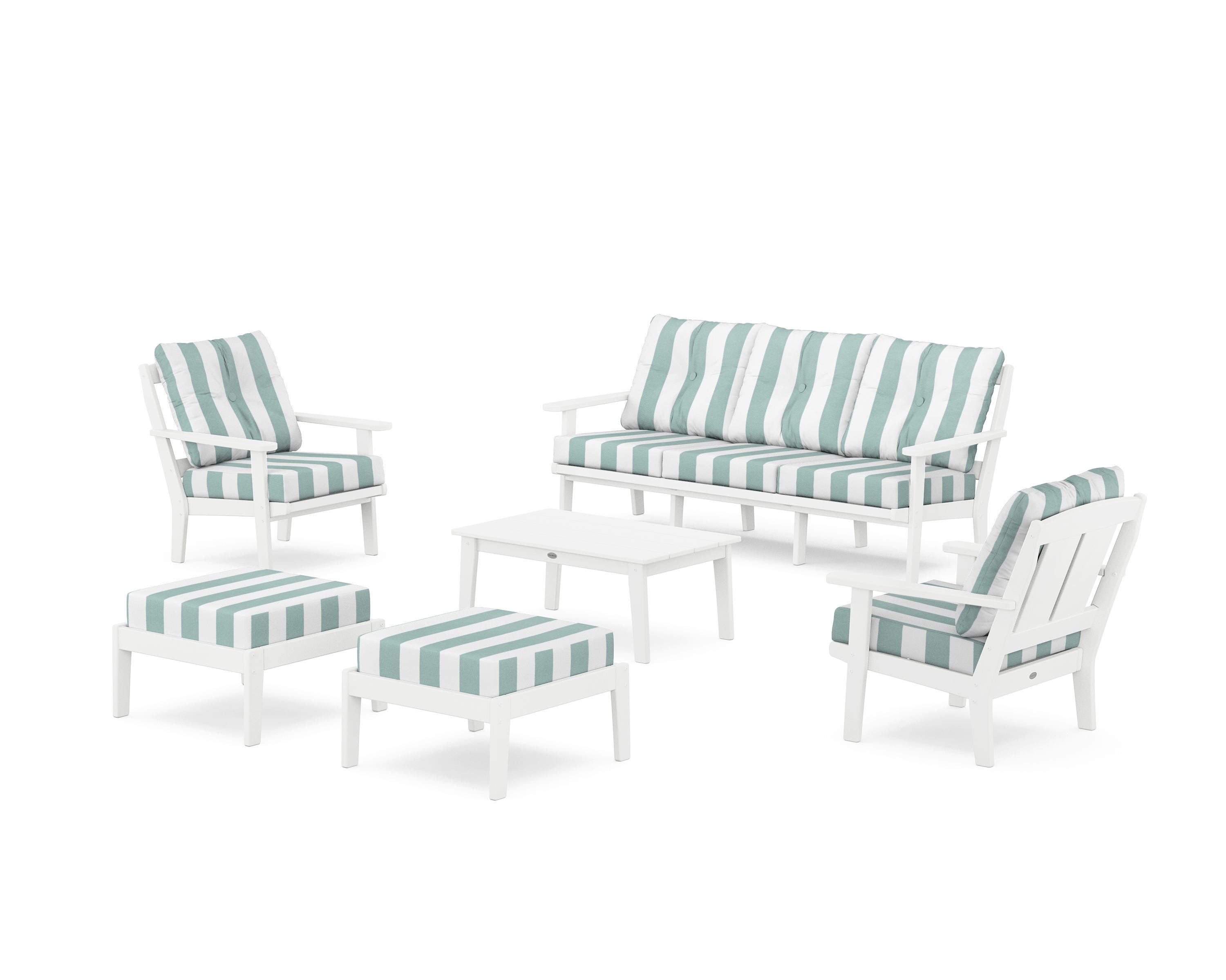 POLYWOOD® Mission 6-Piece Lounge Sofa Set in White / Cabana Stripe Glacier Spa
