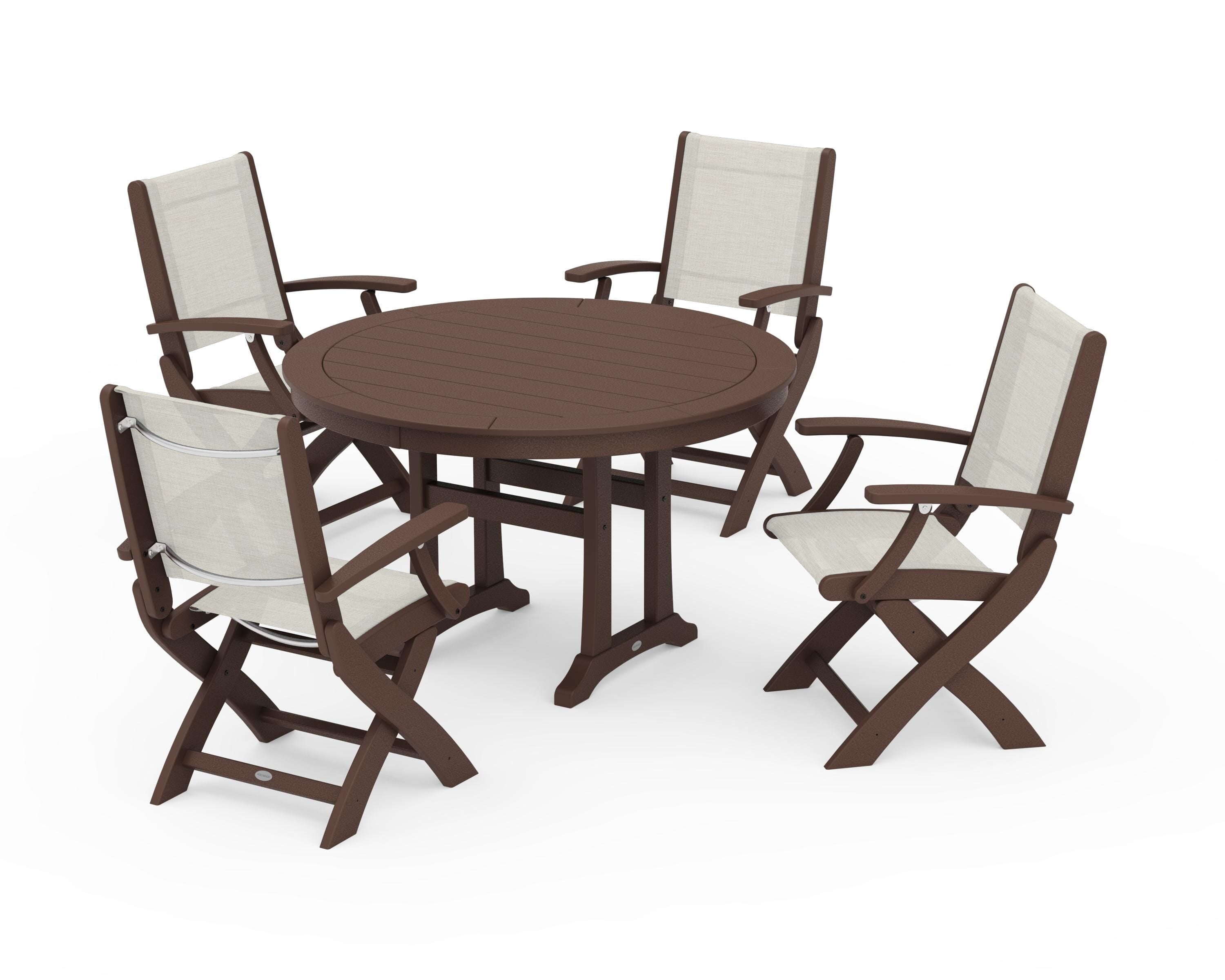 POLYWOOD® Coastal Folding Chair 5-Piece Round Dining Set with Trestle Legs in Mahogany / Parchment Sling