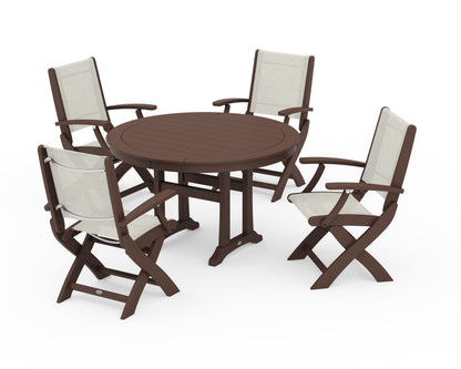POLYWOOD® Coastal Folding Chair 5-Piece Round Dining Set with Trestle Legs in Mahogany / Parchment Sling