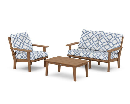 POLYWOOD® Prairie 3-Piece Deep Seating Set with Loveseat in Teak / Trellis Sky Blue