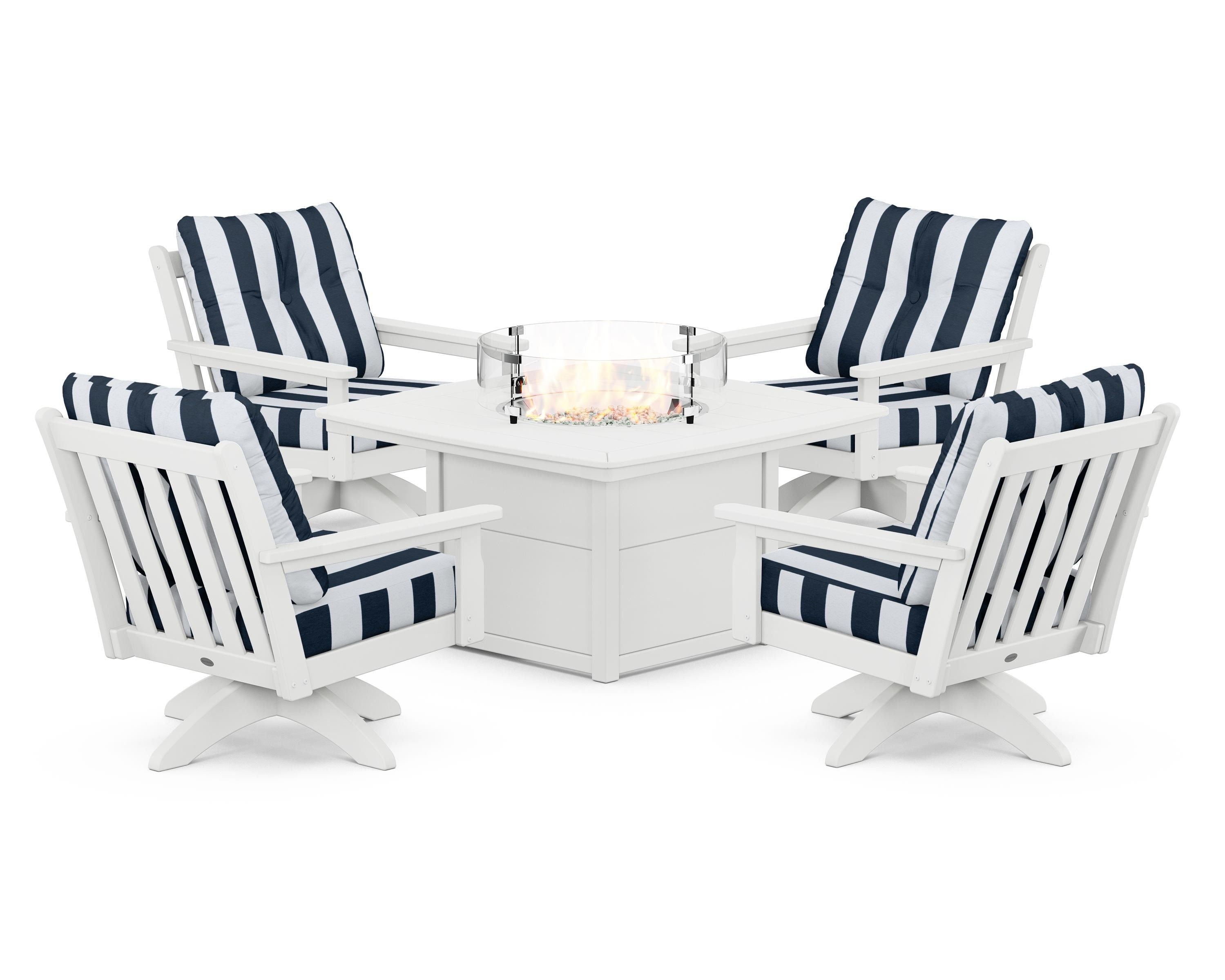 POLYWOOD® Vineyard 5-Piece Deep Seating Swivel Conversation Set with Fire Pit Table in White / Cabana Stripe Marine Indigo