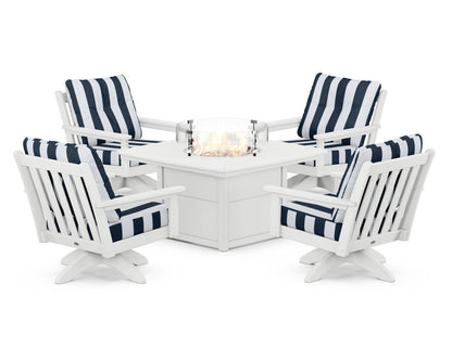 POLYWOOD® Vineyard 5-Piece Deep Seating Swivel Conversation Set with Fire Pit Table in White / Cabana Stripe Marine Indigo