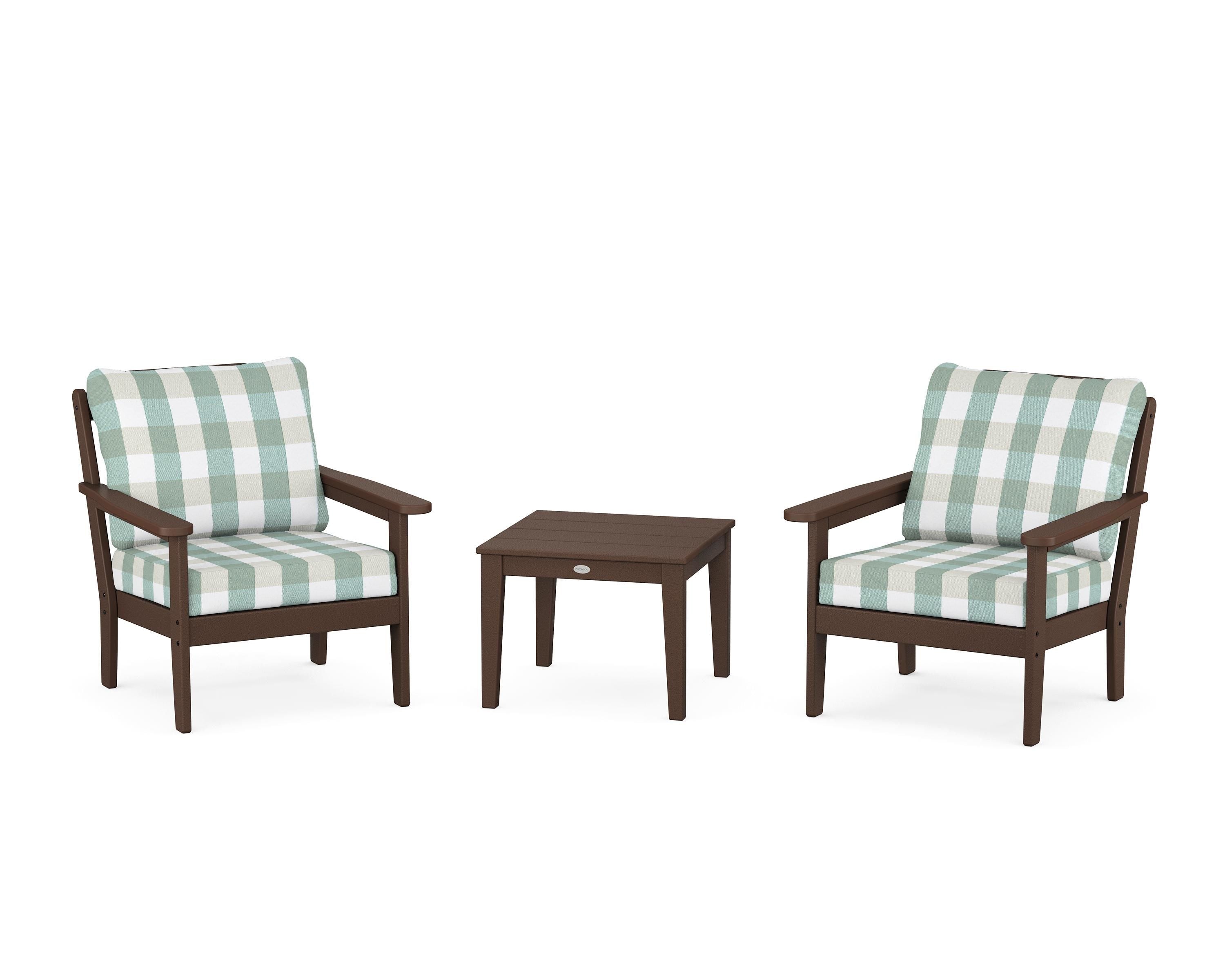 Country Living Cottage 3-Piece Deep Seating Set in Mahogany / Buffalo Plaid Glacier Spa