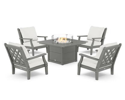 Country Living Wovendale 5-Piece Deep Seating Set with Fire Pit Table in Slate Grey / Natural Linen