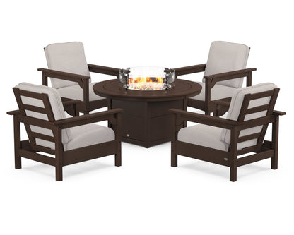 POLYWOOD® Club 5-Piece Conversation Set with Fire Pit Table in Mahogany / Dune Burlap