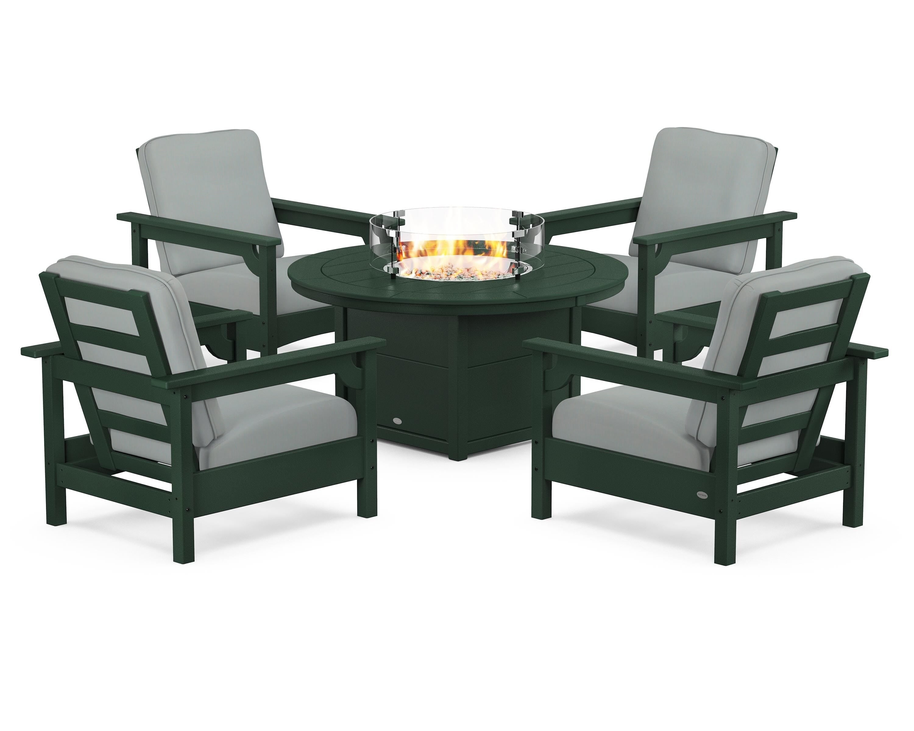 POLYWOOD® Club 5-Piece Conversation Set with Fire Pit Table in Green / Spa