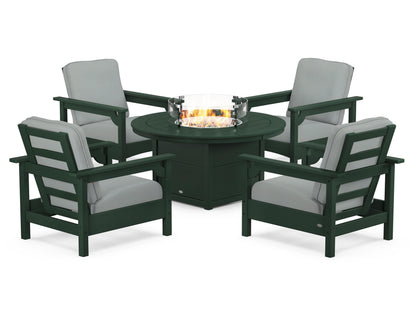 POLYWOOD® Club 5-Piece Conversation Set with Fire Pit Table in Green / Spa
