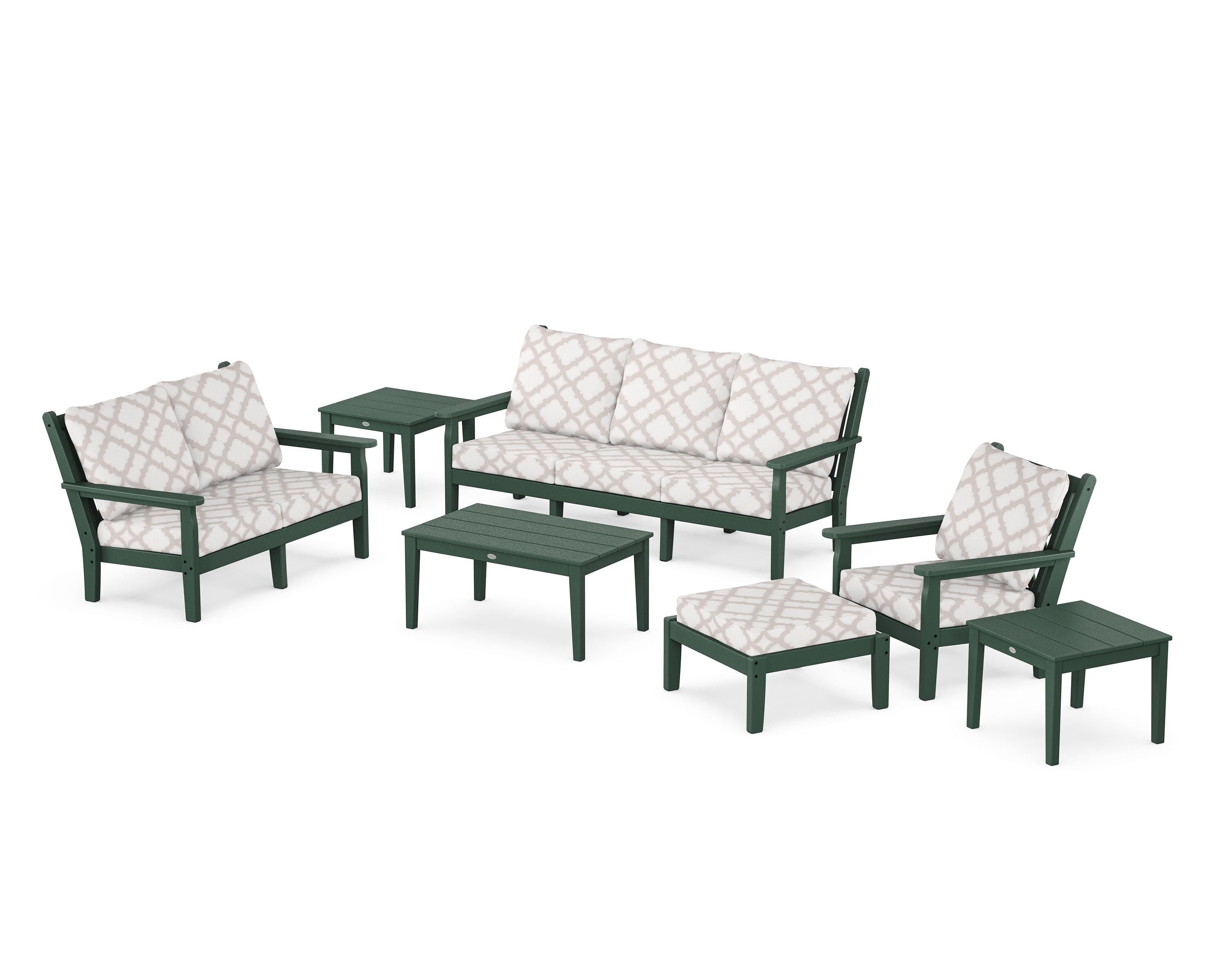POLYWOOD® Chippendale 7-Piece Deep Seating Set in Green / Trellis Dune Burlap