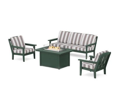 Country Living Cottage Deep Seating Fire Pit Table Set in Green / Cabana Stripe Grey Mist