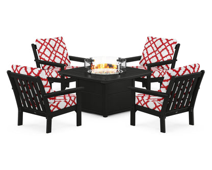 POLYWOOD® Vineyard 5-Piece Conversation Set with Fire Pit Table in Black / Trellis Crimson