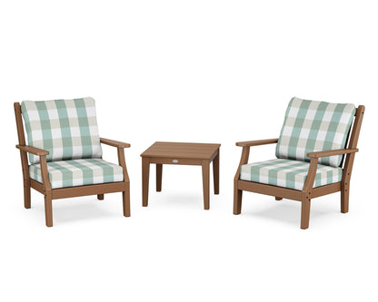 Country Living Wovendale 3-Piece Deep Seating Set in Teak / Buffalo Plaid Glacier Spa