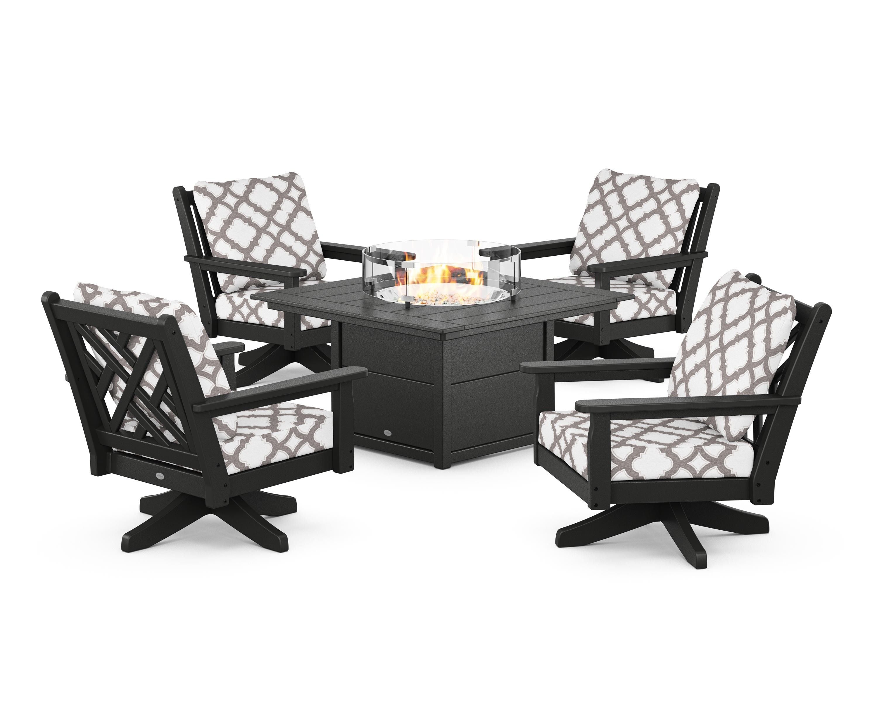 POLYWOOD® Chippendale 5-Piece Deep Seating Swivel Conversation Set with Fire Pit Table in Black / Trellis Grey Mist