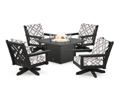 POLYWOOD® Chippendale 5-Piece Deep Seating Swivel Conversation Set with Fire Pit Table in Black / Trellis Grey Mist