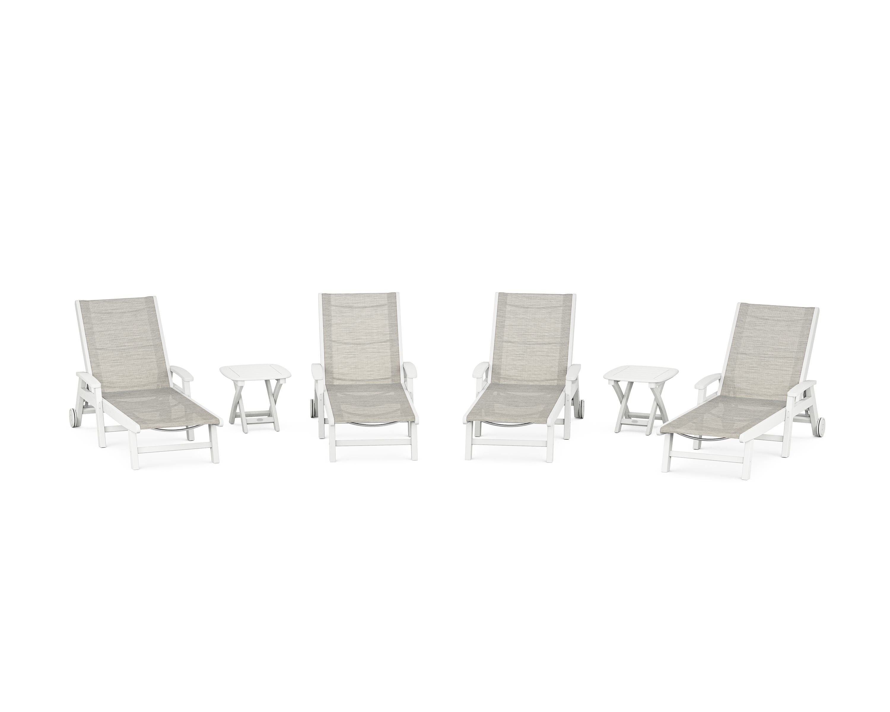 POLYWOOD® Coastal Chaise 6-Piece Set with Wheels in White / Birch Sling