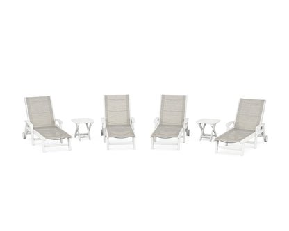 POLYWOOD® Coastal Chaise 6-Piece Set with Wheels in White / Birch Sling
