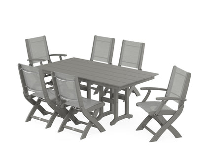 POLYWOOD® Coastal Folding Chair 7-Piece Farmhouse Dining Set in Slate Grey / Metallic Sling