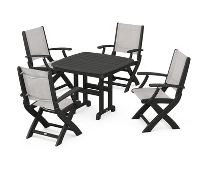 POLYWOOD® Coastal Folding Chair 5-Piece Dining Set in Black / Parchment Sling