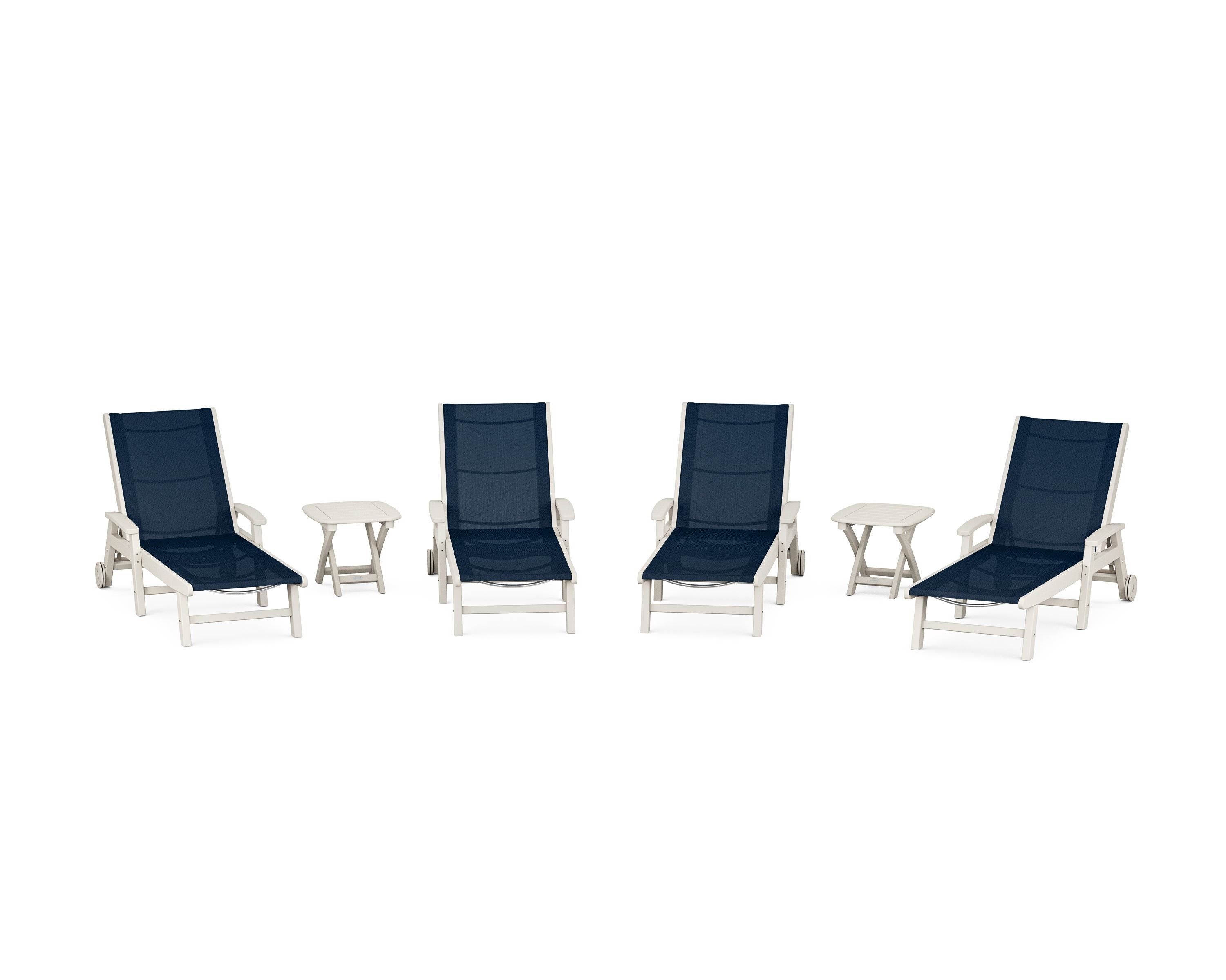 POLYWOOD® Coastal Chaise 6-Piece Set with Wheels in Sand / Navy Blue Sling