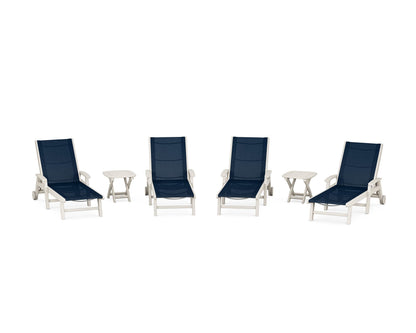 POLYWOOD® Coastal Chaise 6-Piece Set with Wheels in Sand / Navy Blue Sling