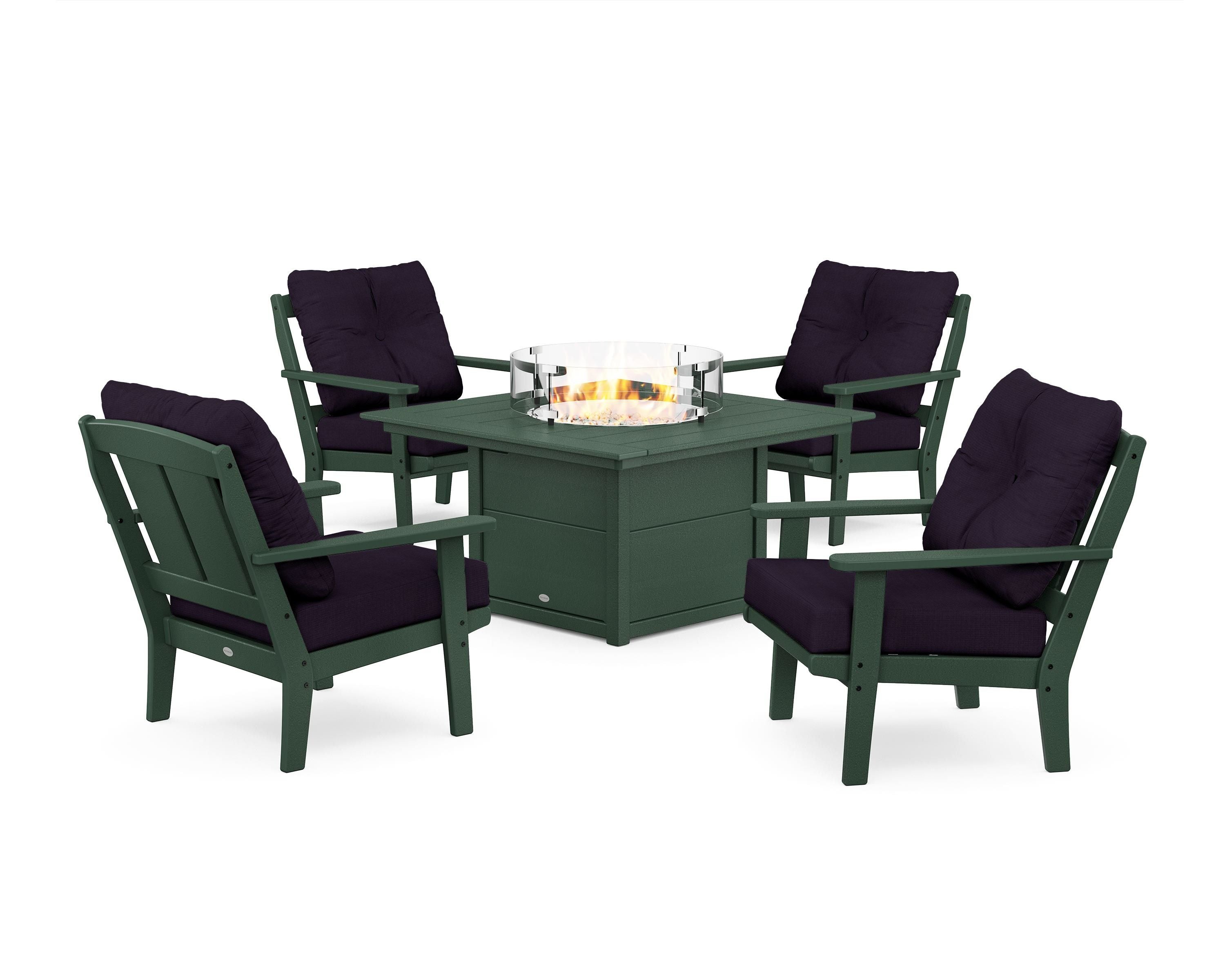 POLYWOOD® Mission 5-Piece Deep Seating Set with Fire Pit Table in Green / Navy Linen