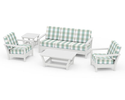 POLYWOOD® Harbour 5-Piece Deep Seating Set in White / Buffalo Plaid Glacier Spa