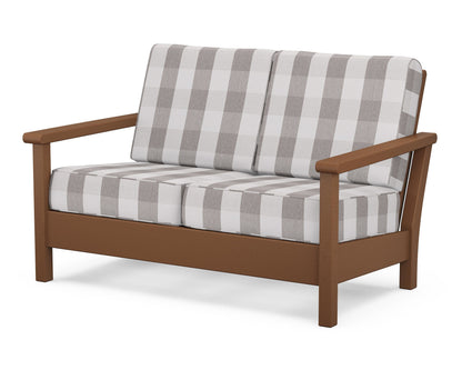 POLYWOOD® Harbour Deep Seating Loveseat in Teak / Buffalo Plaid Grey Mist