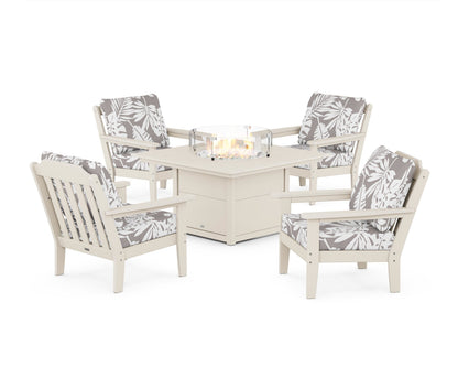 Country Living Cottage 5-Piece Deep Seating Set with Fire Pit Table in Sand / Leaf Grey Mist