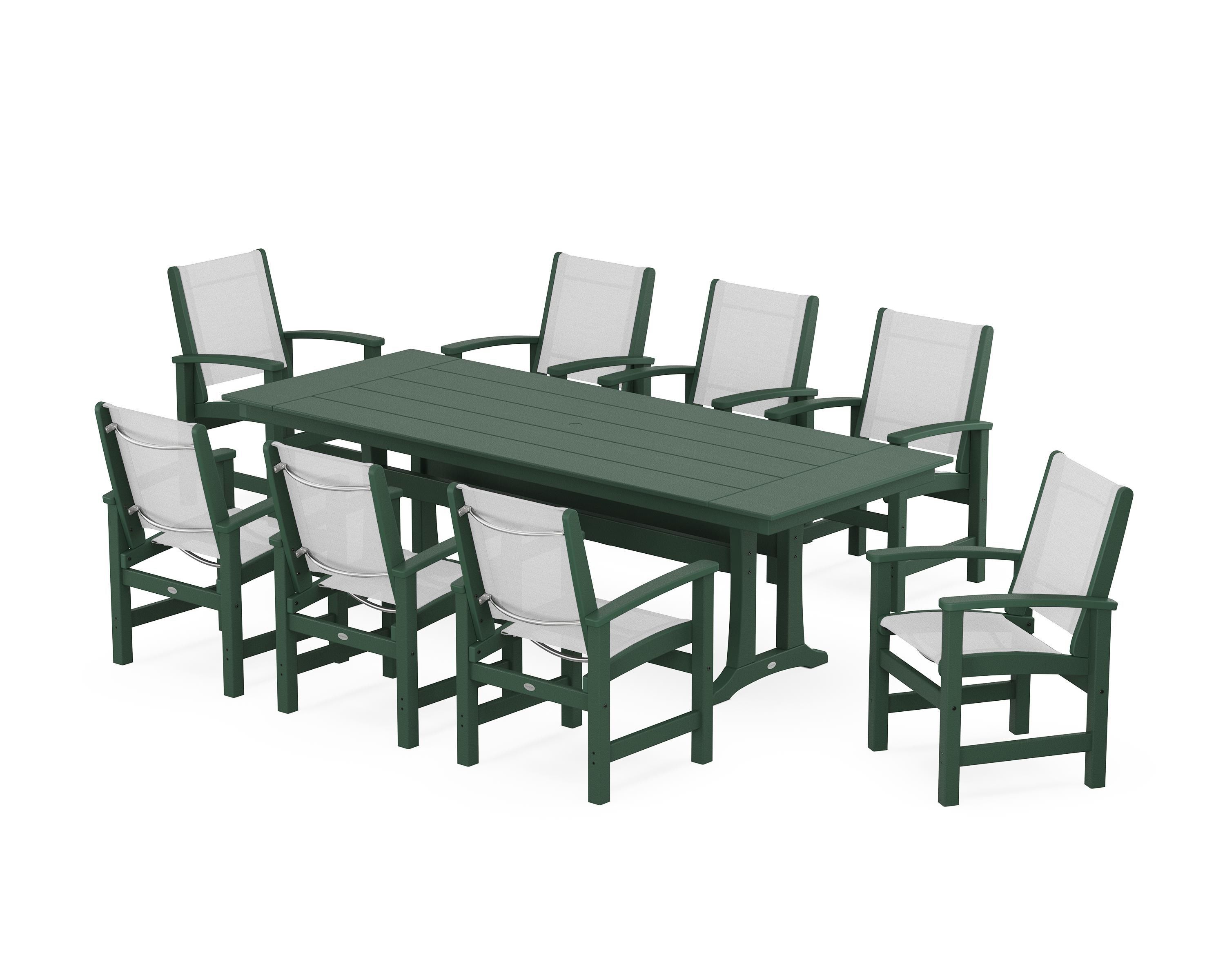 POLYWOOD® Coastal 9-Piece Farmhouse Dining Set with Trestle Legs in Green / White Sling