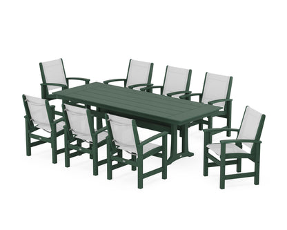 POLYWOOD® Coastal 9-Piece Farmhouse Dining Set with Trestle Legs in Green / White Sling