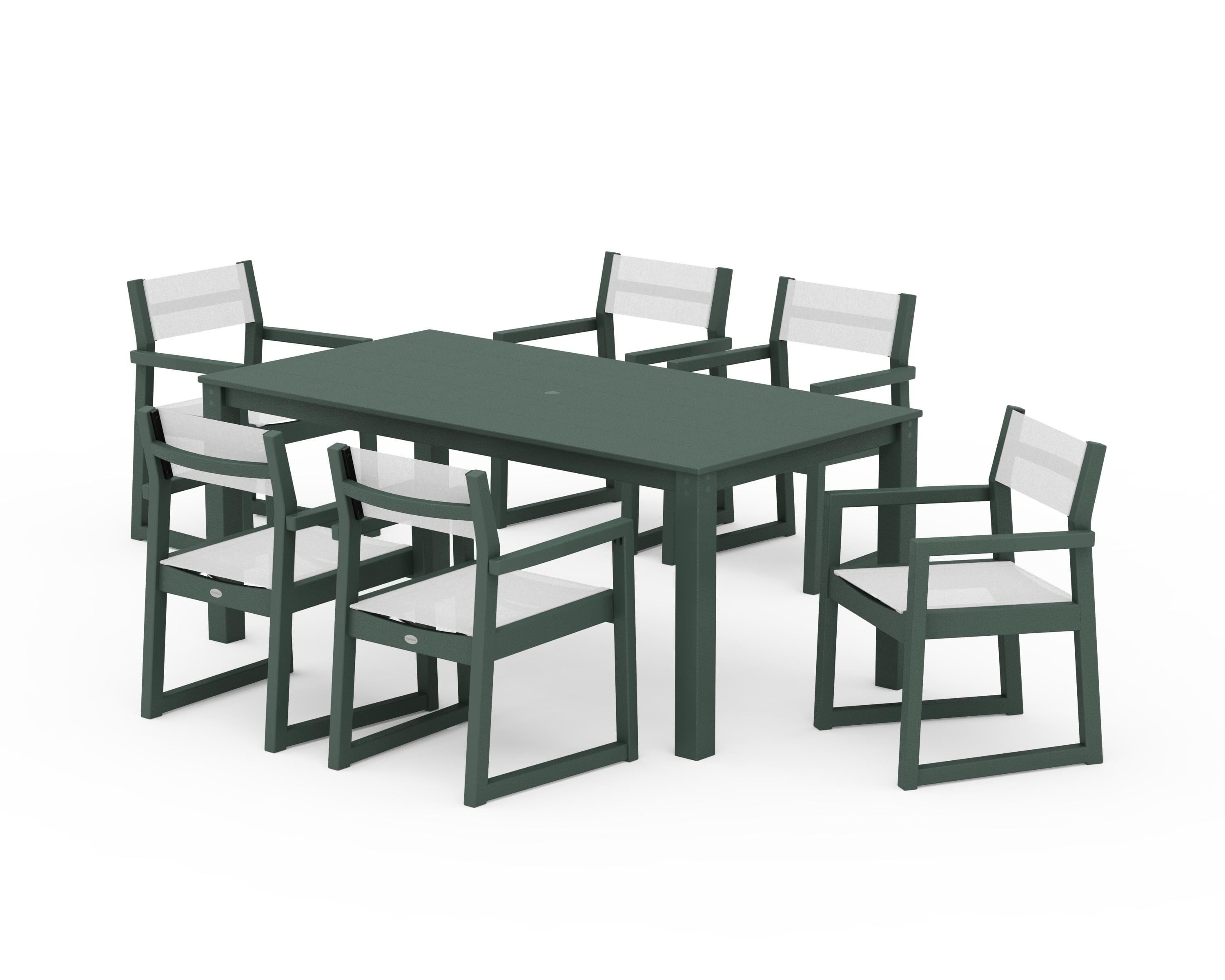 POLYWOOD® EDGE Sling Arm Chair 7-Piece Parsons Dining Set in Green / White Sling
