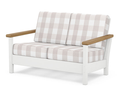 POLYWOOD® Harbour Deep Seating Loveseat in White / Natural / Buffalo Plaid Dune Burlap