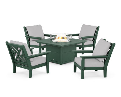 POLYWOOD® Chippendale 5-Piece Deep Seating Set with Fire Pit Table in Green / Granite