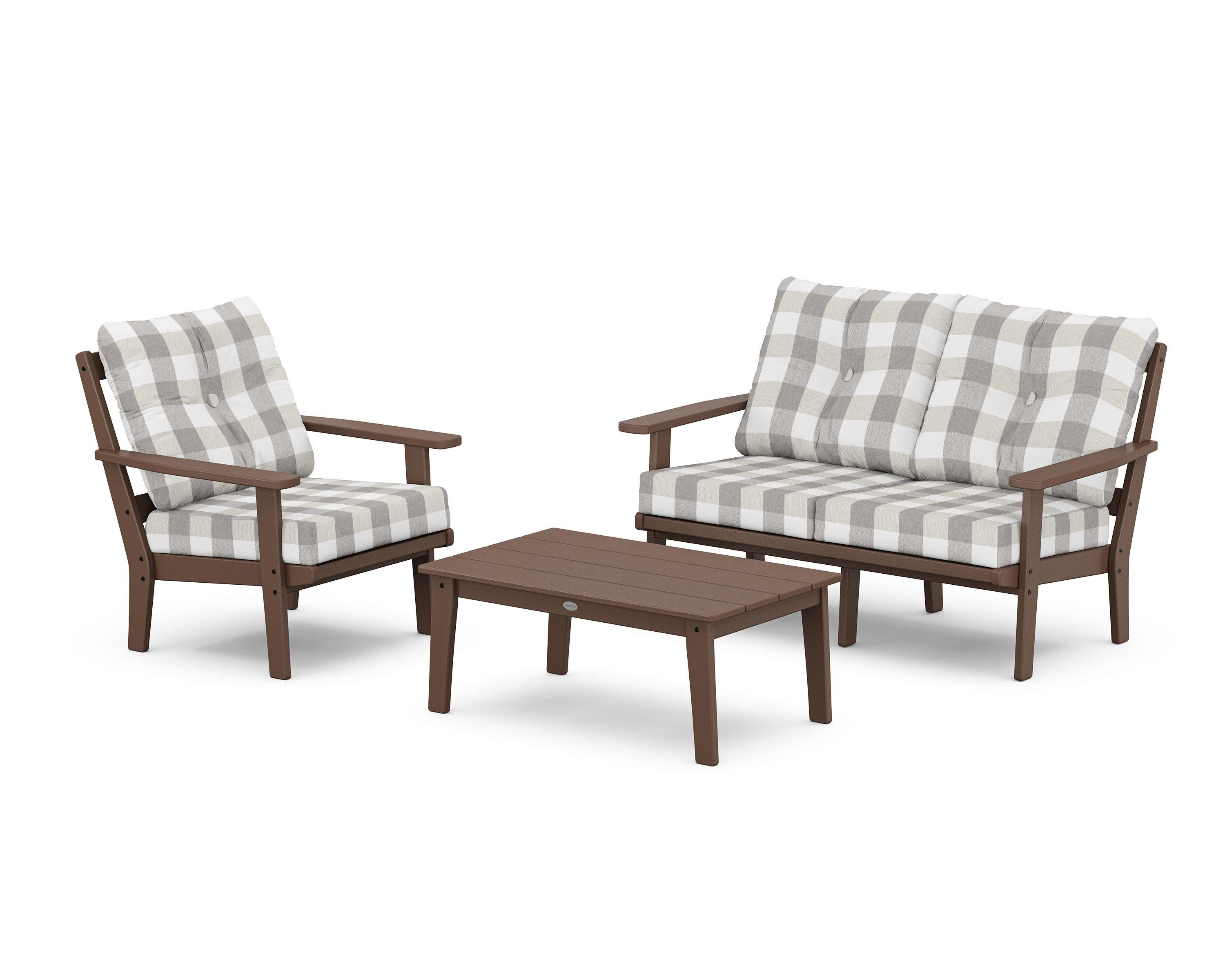 POLYWOOD® Oxford 3-Piece Deep Seating Set with Loveseat in Mahogany / Buffalo Plaid Grey Mist