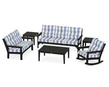 POLYWOOD® Vineyard 6-Piece Deep Seating Set in Black / Buffalo Plaid Sky Blue