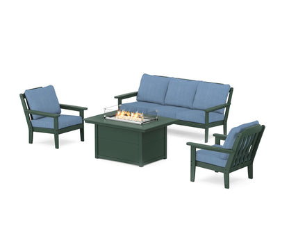 Country Living Cottage Deep Seating Fire Pit Table Set in Green / Sky Blue